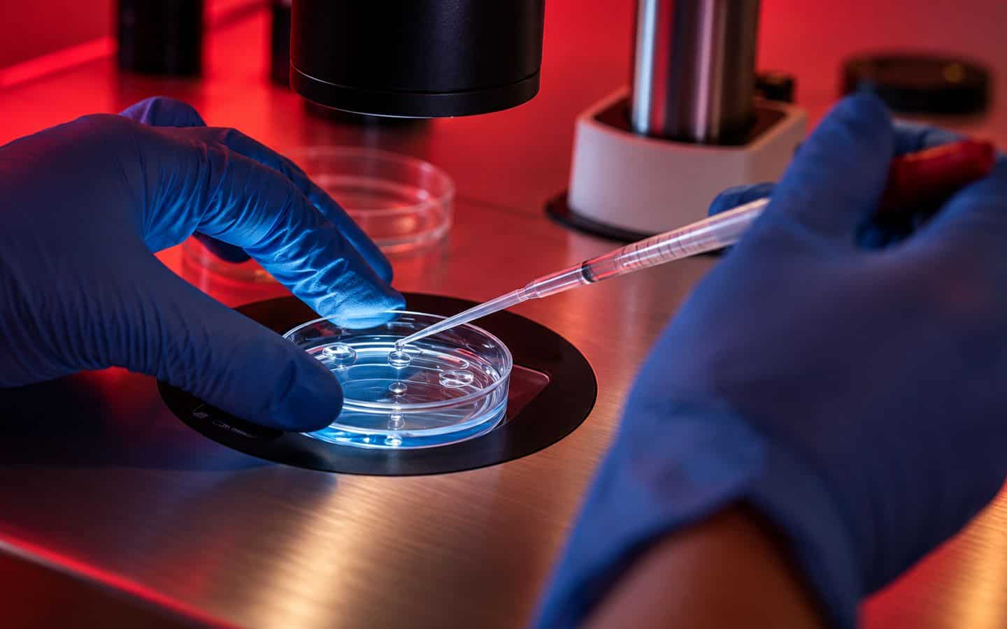 Especialista manipulando una placa de Petri en el laboratorio de fertilizaci&oacute;n